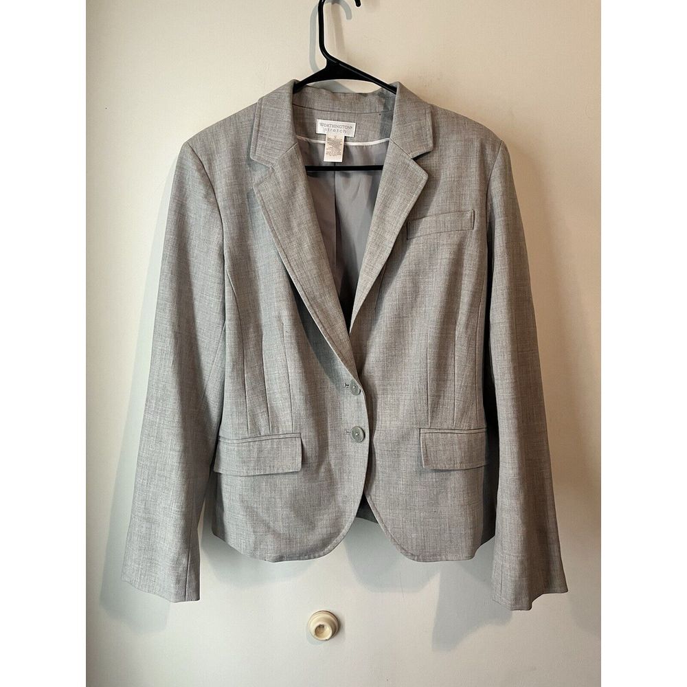 Worthington Stretch Blazer‎ Skirt Suit Set Gray Two Button Size 12
